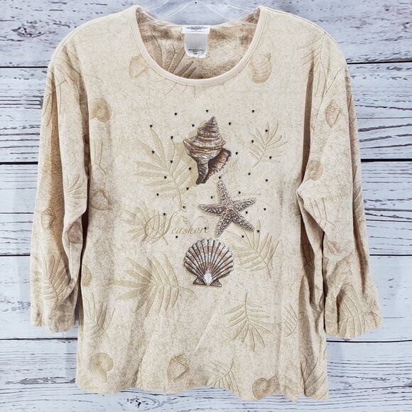 Studio Collection Light Brown Sea Shells 100%Cotton Top Size L - Picture 1 of 12